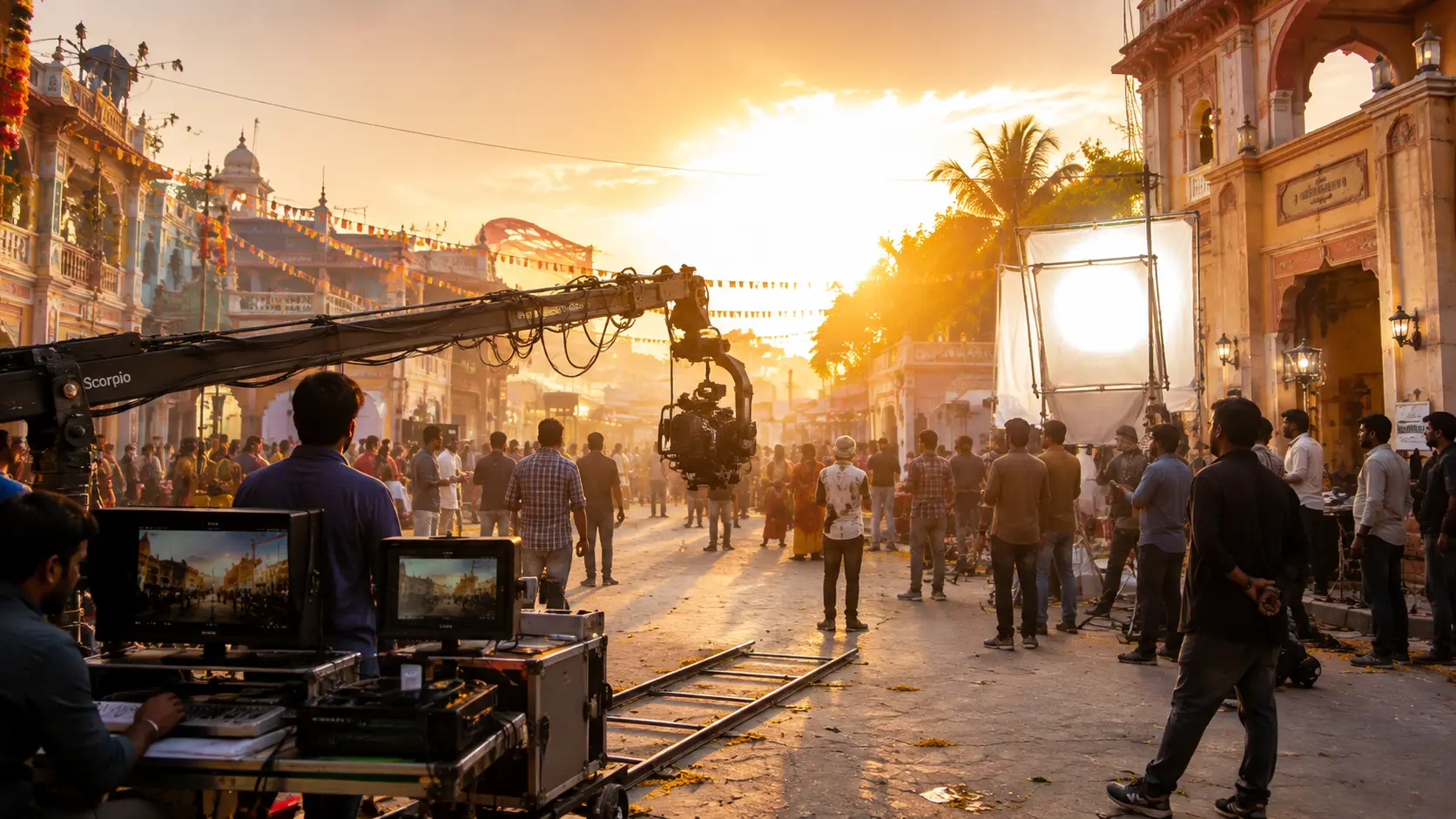 An integrated film crew working together on a large outdoor set