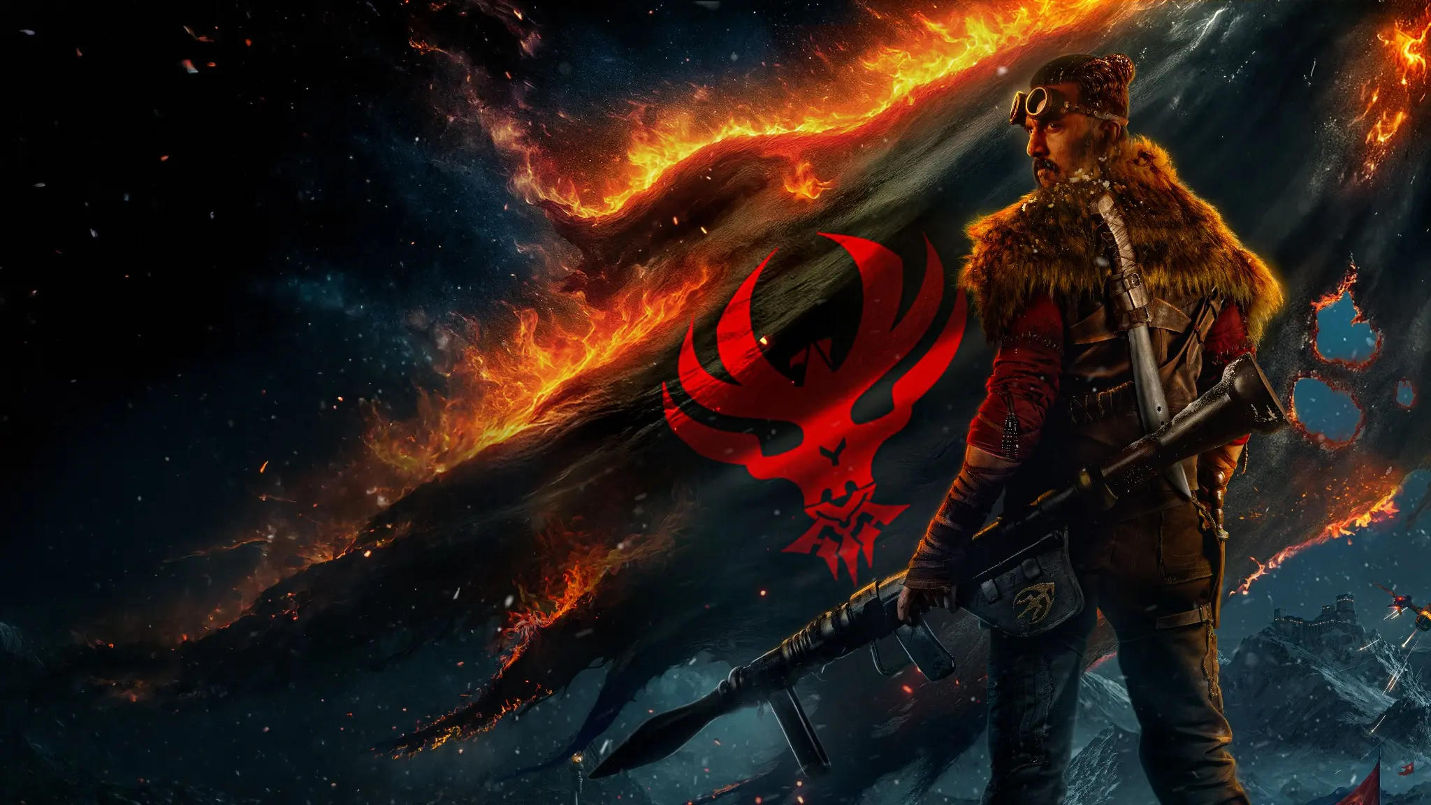 BRB warrior standing before a fiery emblem and frozen battleground