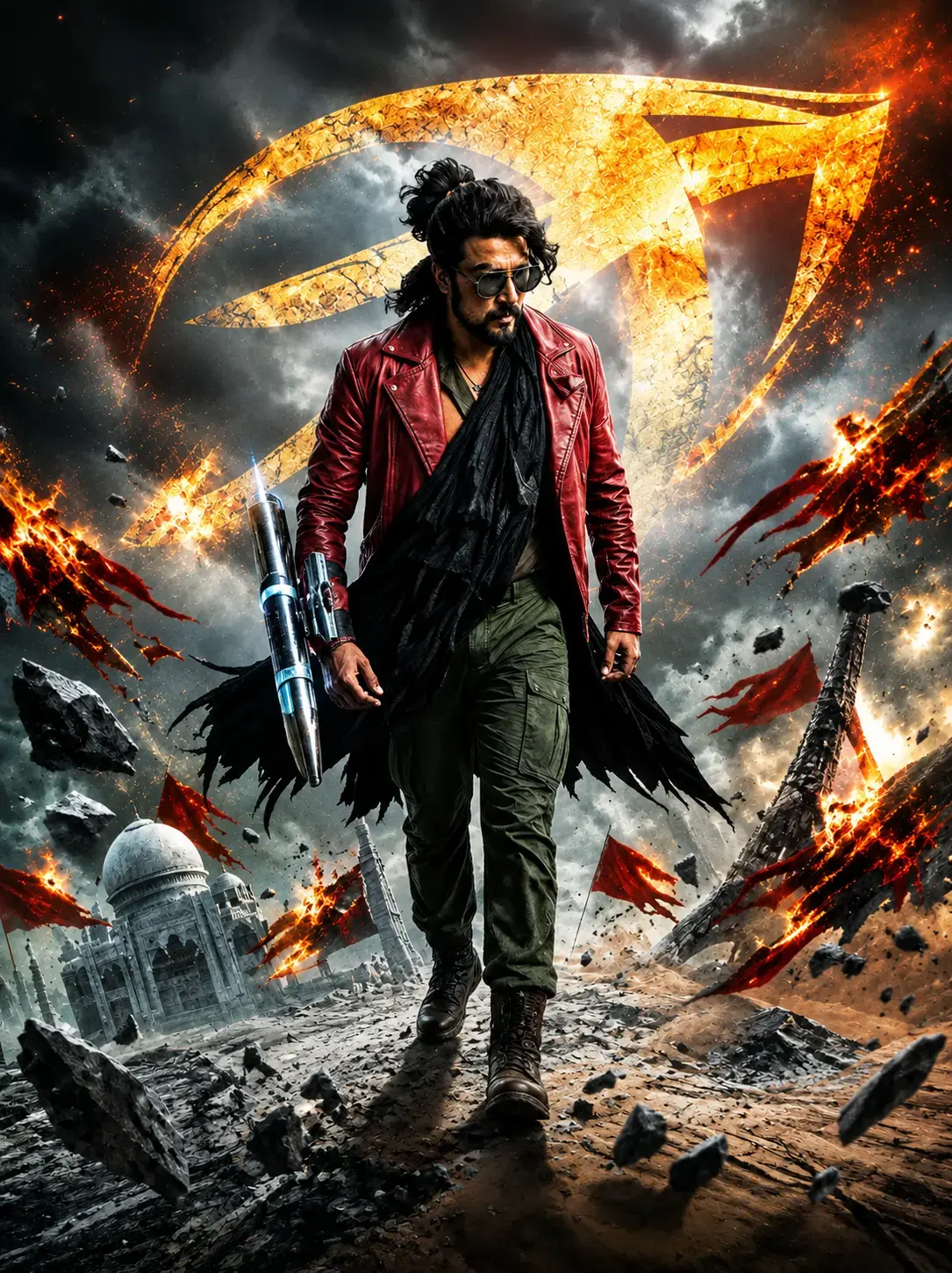BRB character in a red jacket crossing a ruined battlefield