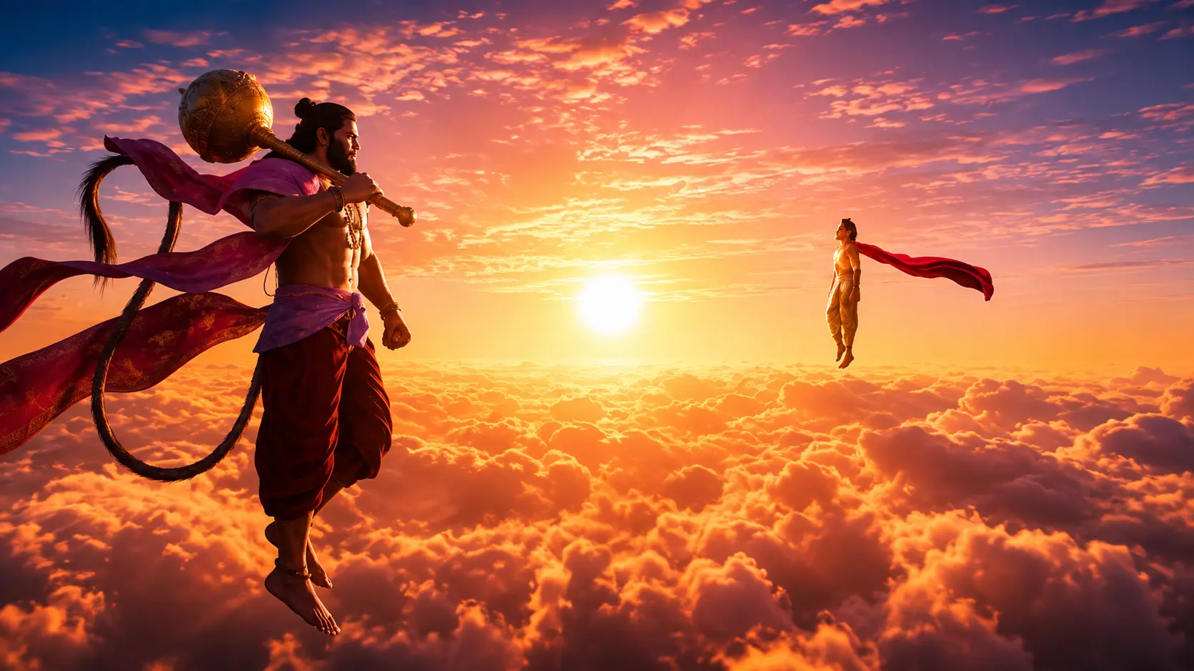 Mythic HanuMan sequence above a glowing cloudscape
