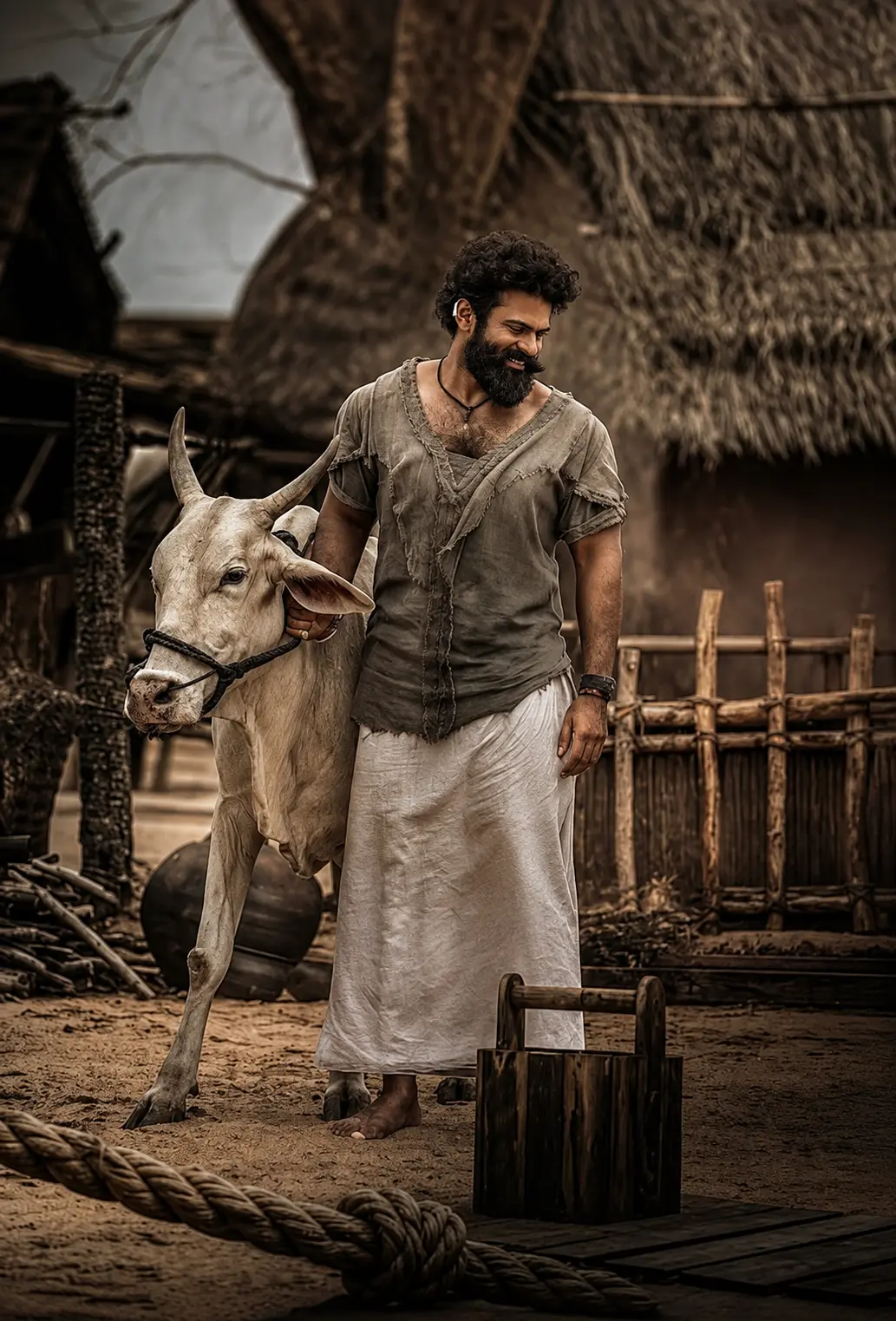SYG character with cattle in a rustic village setting